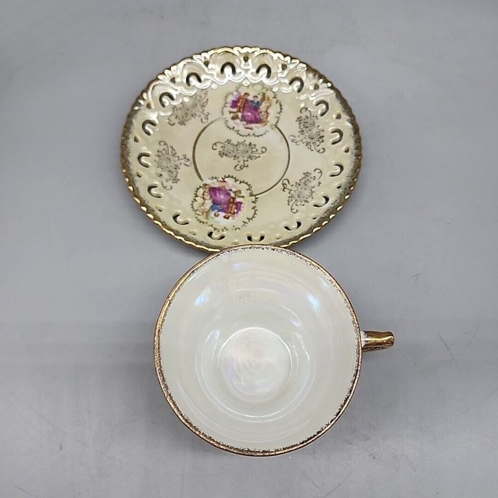 Vintage Enesco Tea Cup & Saucer Set Iridescent Gold Edge Victorian Women - Picture 4 of 8